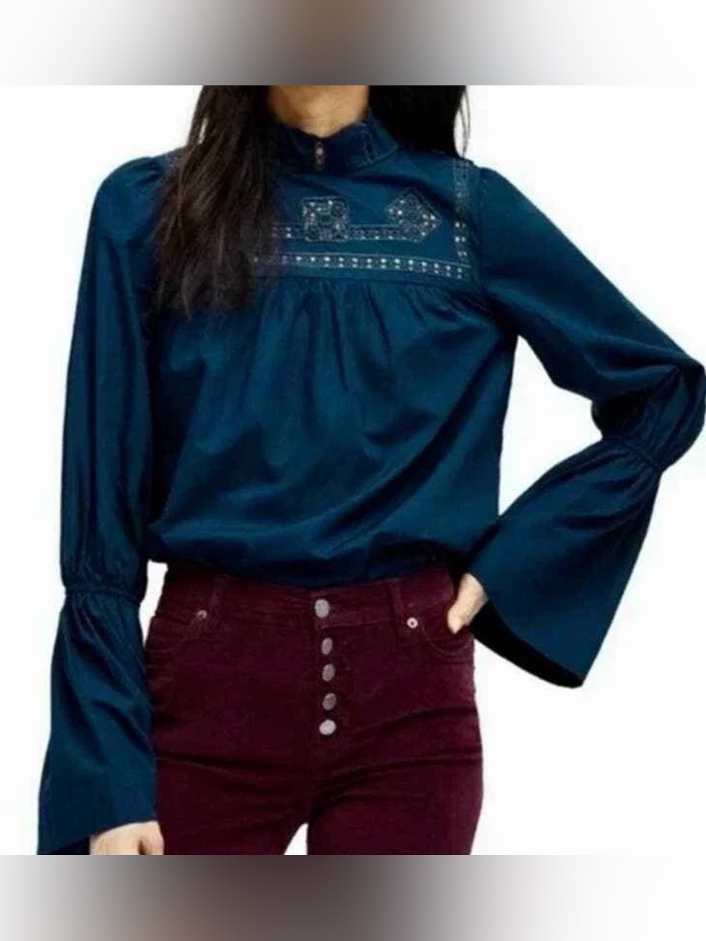 Free People Another Eternity Eyelet Bell Sleeve Teal Blouse Women’s Size M